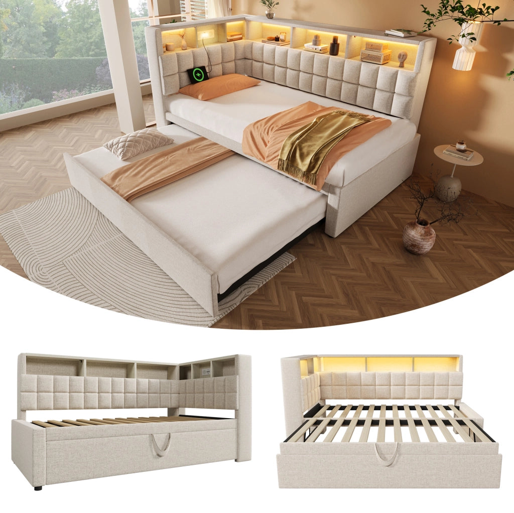Letto imbottito con letto estraibile 90x200 cm; LED; Bluetooth; USB e Type-C; beige