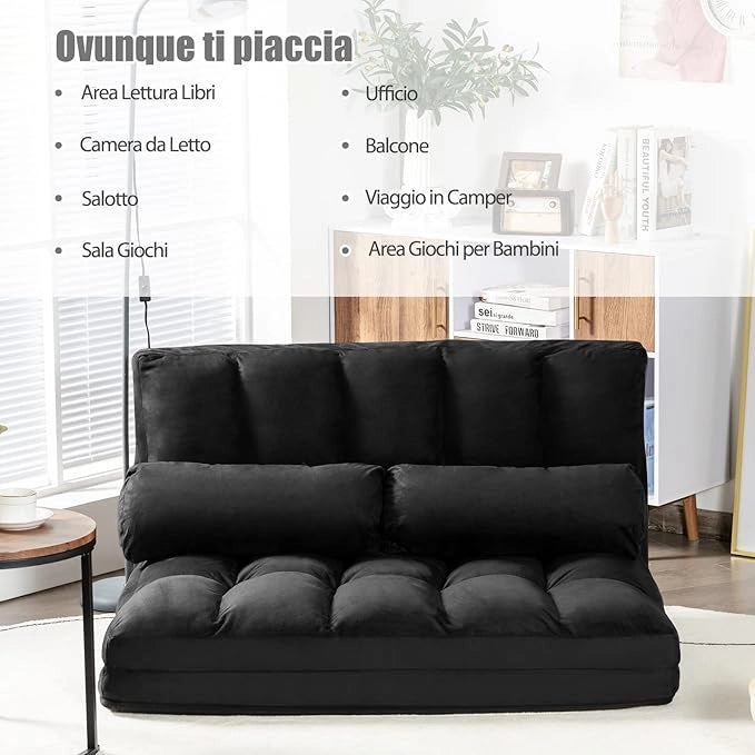 Divano Letto da Terra con 2 Cuscini, Divano Letto Pieghevole con Schienale Regolabile a 6 Livelli, Ideale per Camera da Letto e Soggiorno (Nero)
