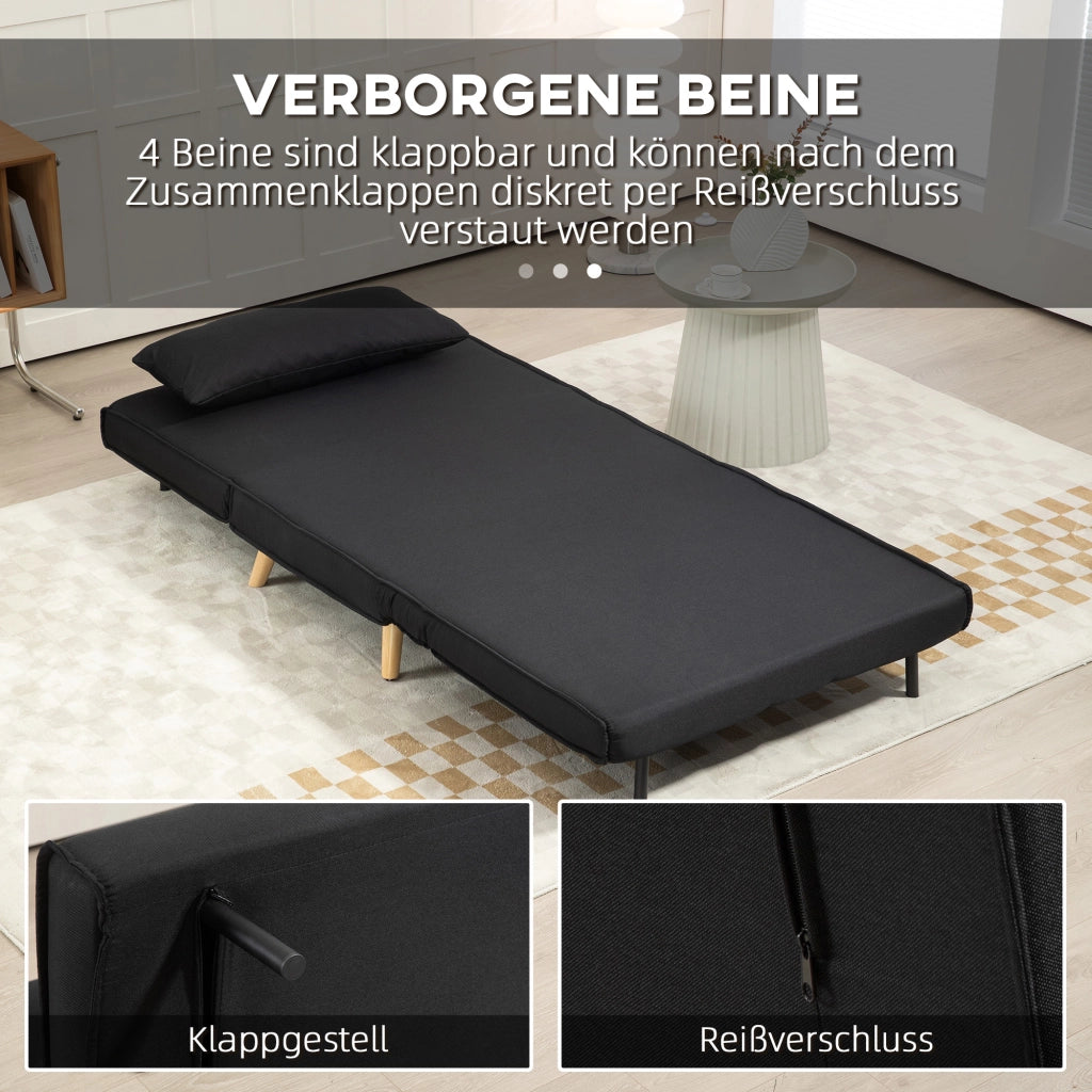 Divano letto 2 in 1 con schienale regolabile a 6 posizioni, cuscino e gambe di supporto, in tessuto effetto lino nero