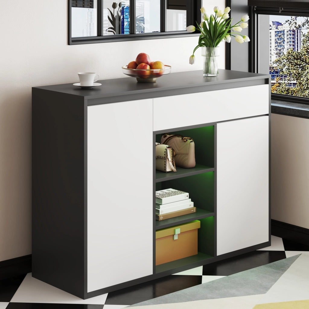 OKWISH Scarpiera con 2 Ante, 1 Cassetto, Ripiani Regolabili e LED, per Ingresso, Nero, 105 x 39.5 x 86 cm