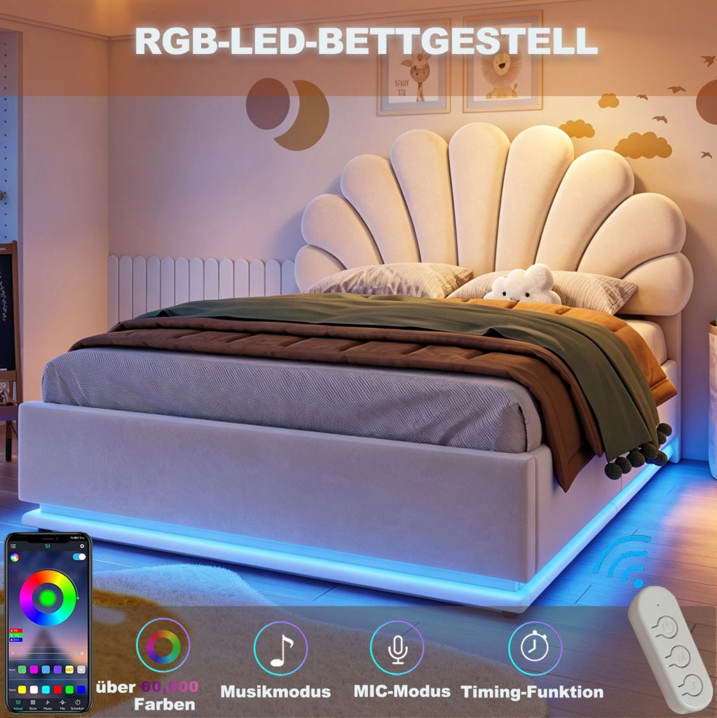 Letto imbottito 140x200 cm in velluto beige con LED e vano