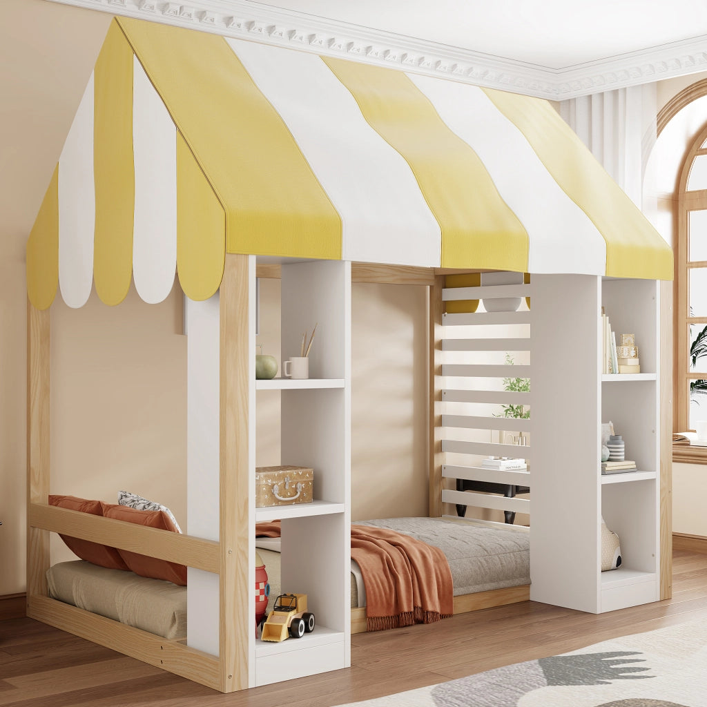 Letto a Soppalco 90x200 cm; Letto Singolo - Baldacchino e 2 Vani; in Legno Bianco Naturale