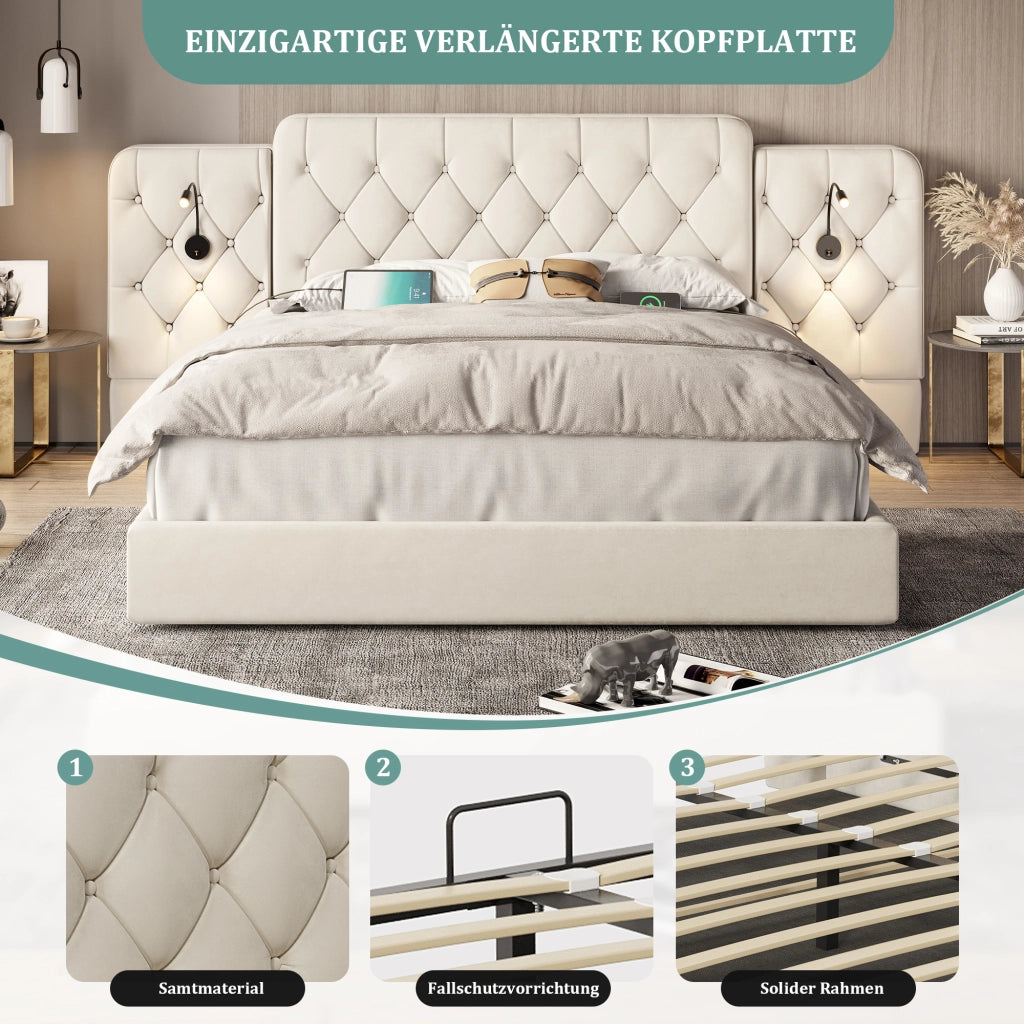 OKWISH Letto Contenitore 180×200 cm, Letto Matrimoniale con 4 Porte USB, Lampade da Lettura e Sollevamento Idraulico, senza Materasso, Velluto, Beige