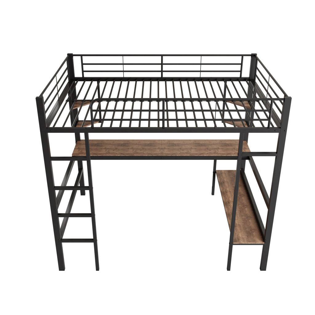 OKWISH Letto a Soppalco 90×200 cm, Letto Singolo con Scrivania, 5 Mensole e Libreria, senza Materasso, in Metallo, Nero