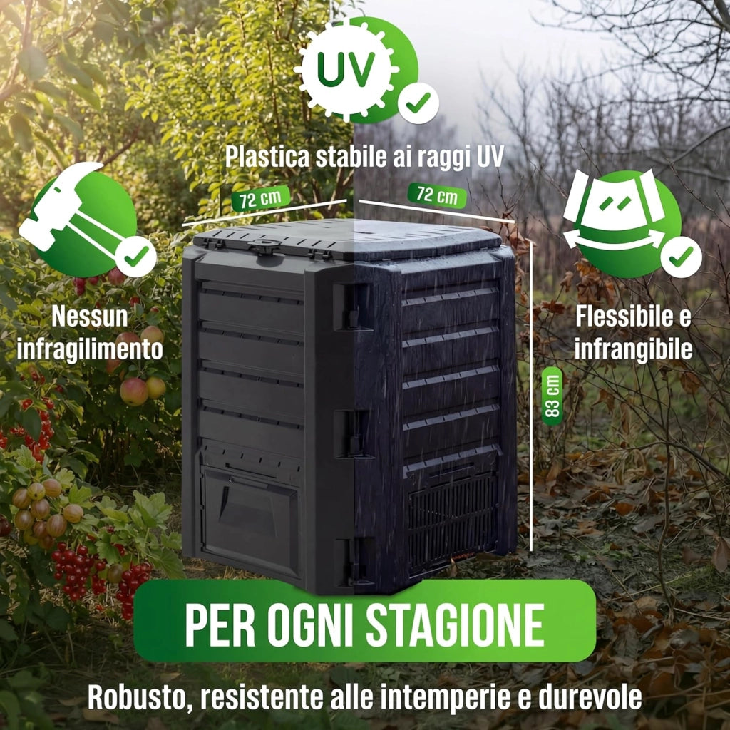 ® Compostiera 380L Compostaggio Veloce 72x72x83cm Composter Rapido Resistente alle Intemperie