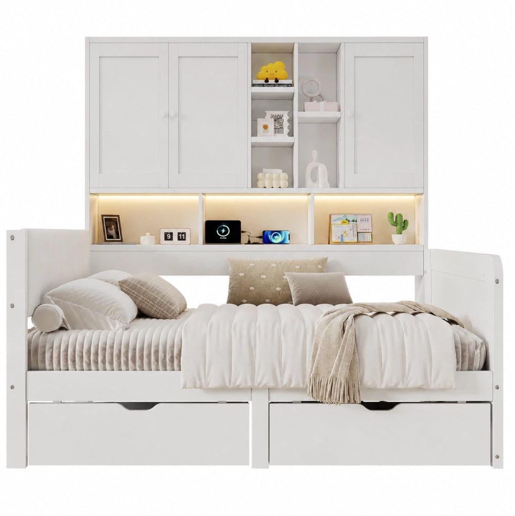 Letto 90x200 con contenitore, LED, USB e testiera imbottita