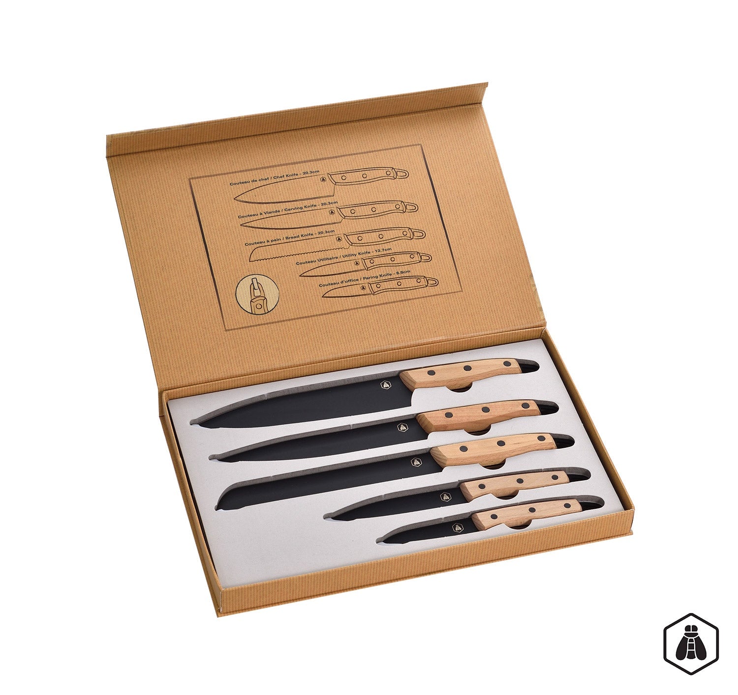 Set 5 Coltelli per Carne e Pesce Lama Nera Manico in Legno