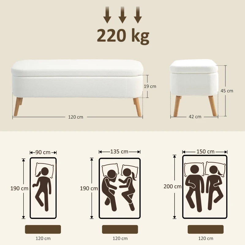 Panca contenitore con 65 l di spazio, seduta imbottita in pile e legno di caucciù bianco crema 120 × 42 × 45 cm