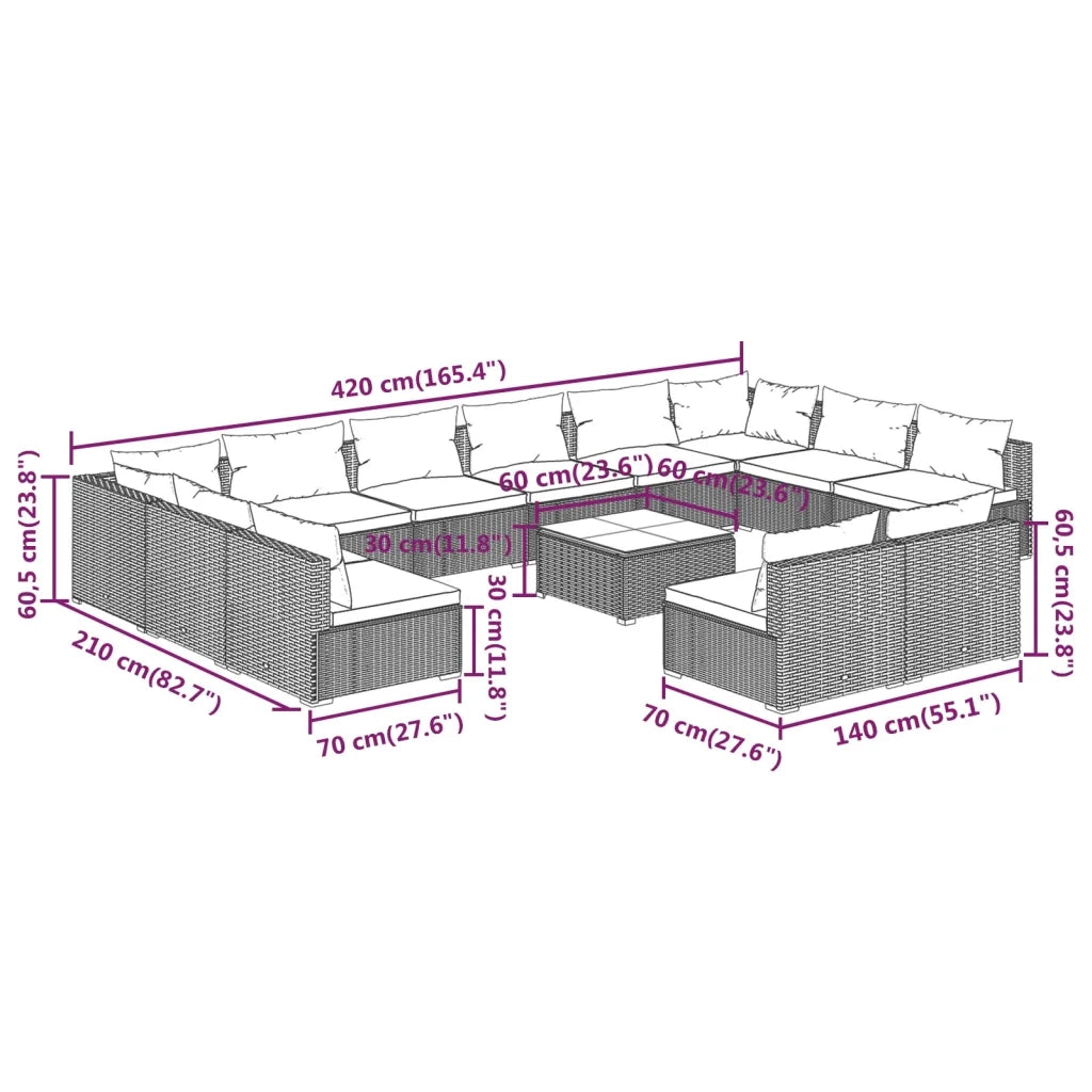 Set Divani da Giardino 13 pz con Cuscini in Polyrattan Marrone cod mxl 35073
