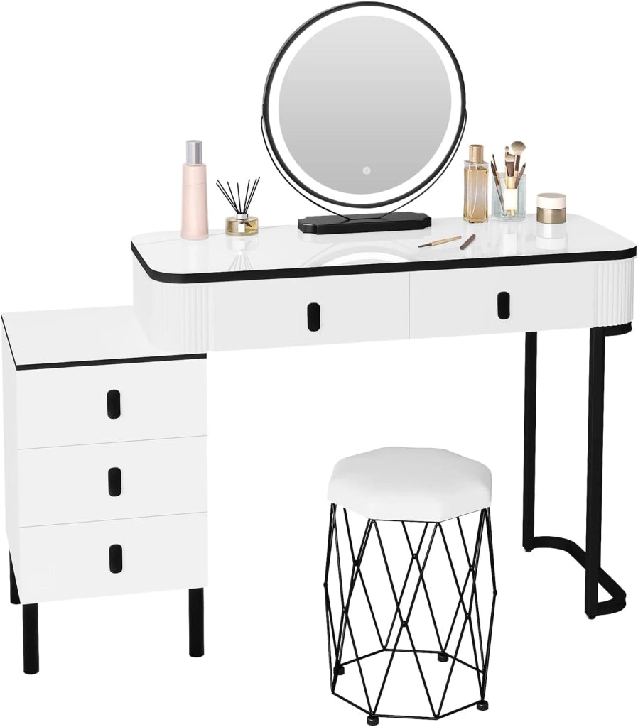 Postazione Trucco, Toeletta con Luci Dimmerabili, con Specchio Rimovibile, Consolle da Trucco per Donna, Cassettiera Spostabile
