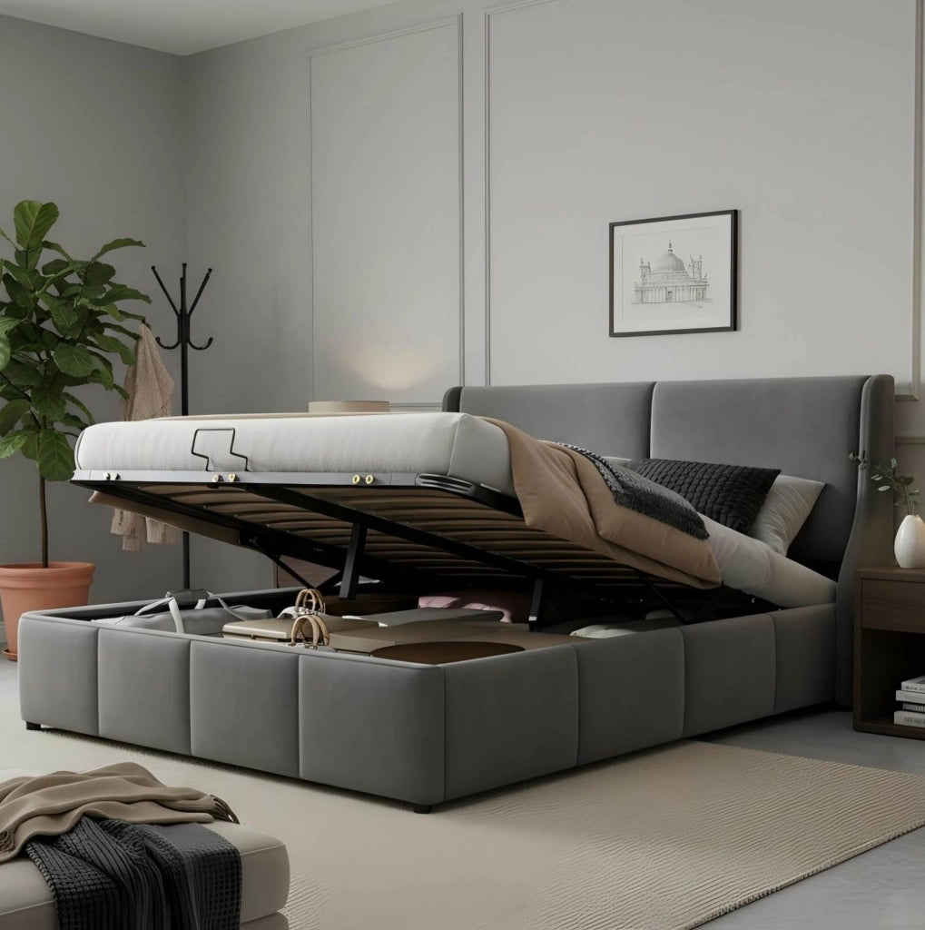 Letto imbottito con contenitore idraulico 140 x 190 cm in velluto grigio