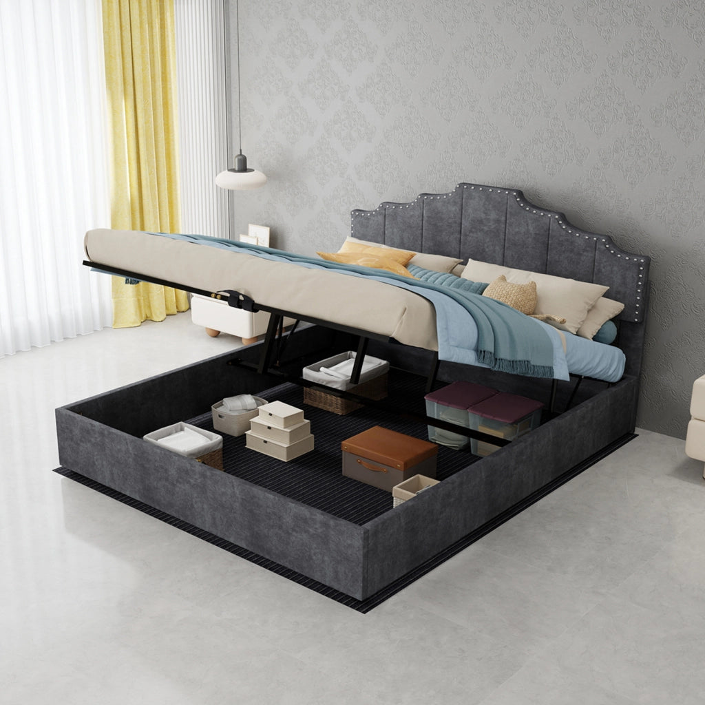 DESMIU Letto matrimoniale 160 × 200 cm in tessuto e metallo, testiera geometrica, senza materasso, grigio