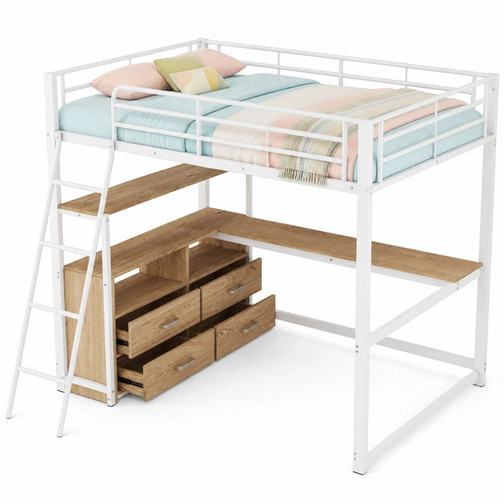Letto a soppalco 140x200 cm con scrivania angolare e cassetti, bianco