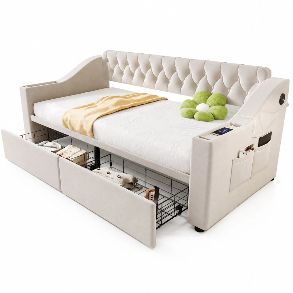 Polsterbett Schlafsofa 90 x 190 cm in velluto beige con contenitore, porte USB e struttura in metallo