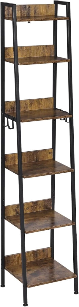 Libreria a 6 Ripiani, Scaffale con 4 Ganci Industriale, Scaffale a Scala in MDF e Metallo per Soggiorno, Cucina, Studio, Ufficio,Nero,41x36x187cm RGB930hov