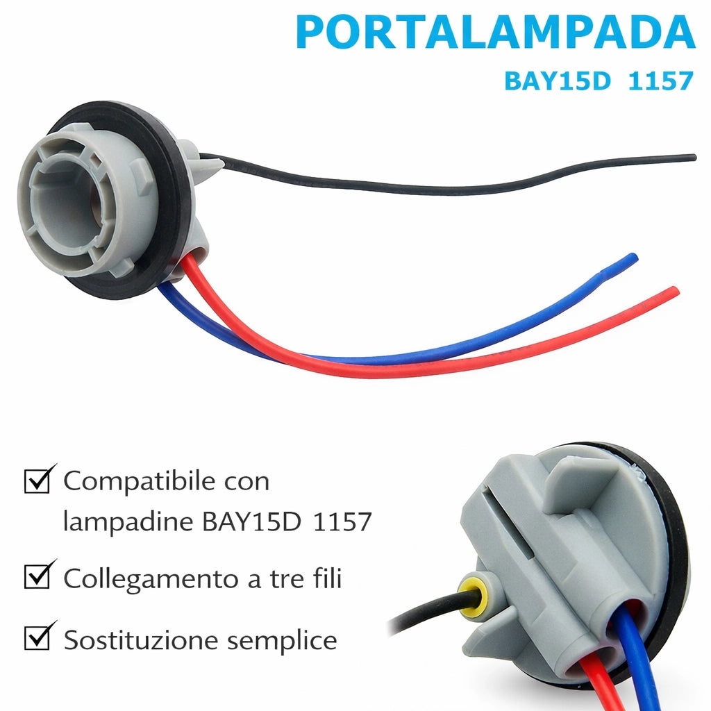 Kit 2 Portalampada 1157 BAY15D con Cavi – Adattatore Presa Lampadina Auto Moto