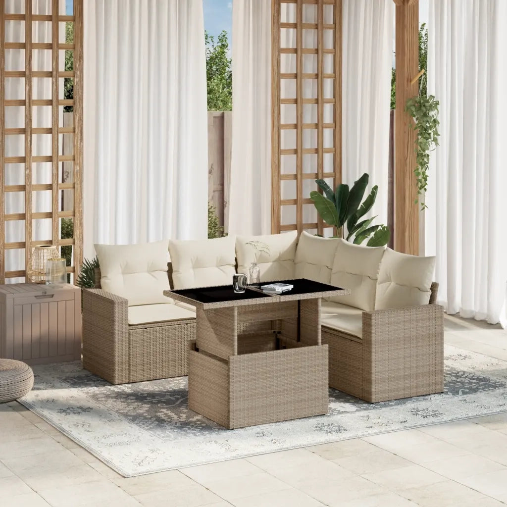 Set Divano da Giardino 6 pz con Cuscini Beige in Polyrattan