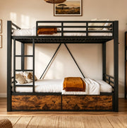 Letto a castello 140x200 cm con cassetti; scala e sponde in metallo e legno nero