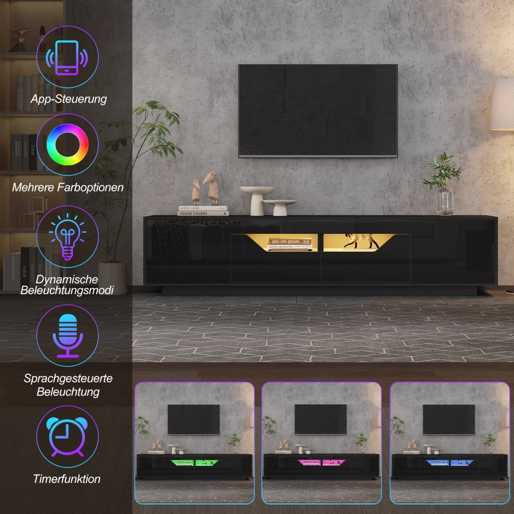 Mobile porta TV con LED, 2 cassetti, 2 vani aperti e 2 ante, finitura lucida, per soggiorno, nero, 180 × 40 × 45 cm