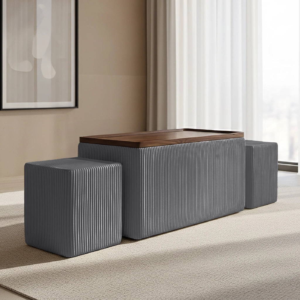 Set 3 Pouf Contenitore Quadrati con Tavolino Rettangolare da Salotto in Velluto e Coperchio in Legno, 2 Pouf Interni Salvaspazio, Tavolino Contenitore Moderno,Poggiapiedi, Seduta Imbottita Grigio Scuro