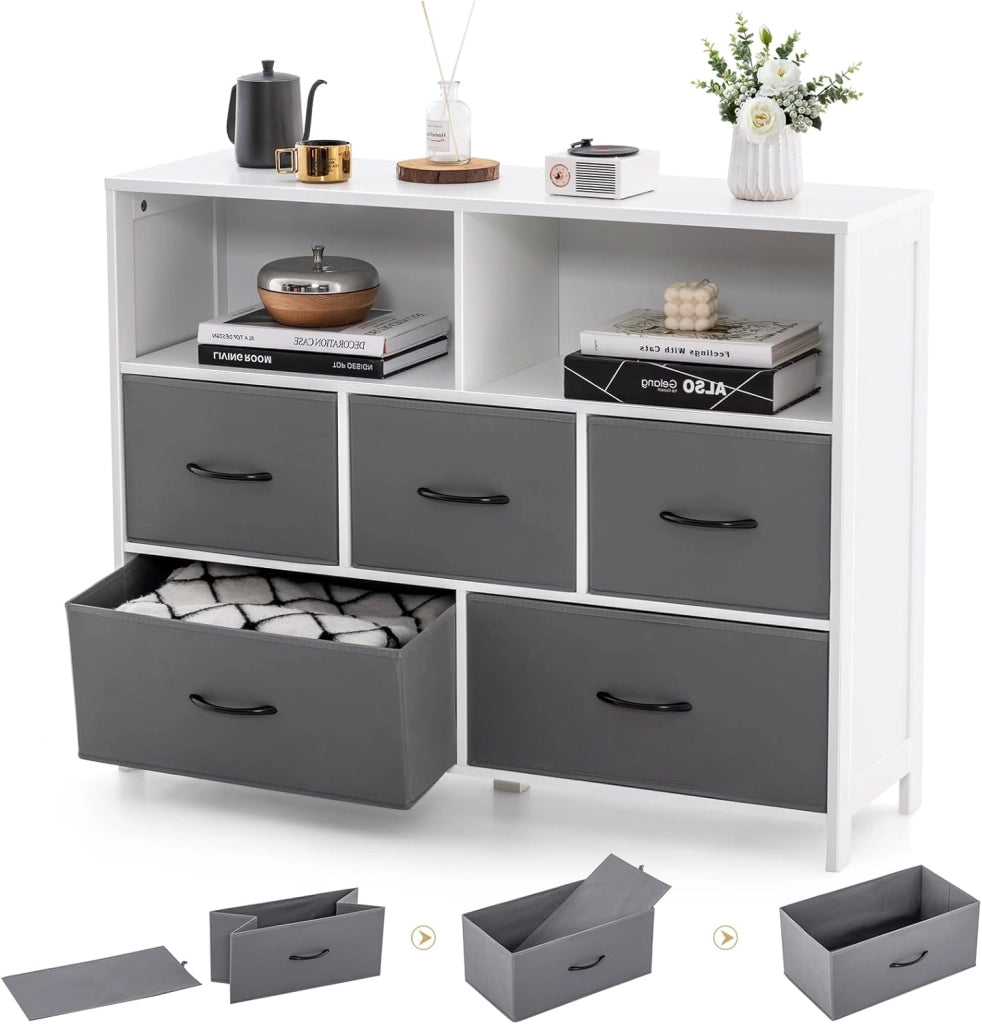 Cassettiera a 5 Cassetti, Comò Camera da Letto in Tessuto, Mobiletto Cucina con Maniglie, Scomparti e 5 Tiretti Pieghevoli, Armadio Multiuso per Bagno, Ingresso, Soggiorno, 100 x 30 x 78 cm