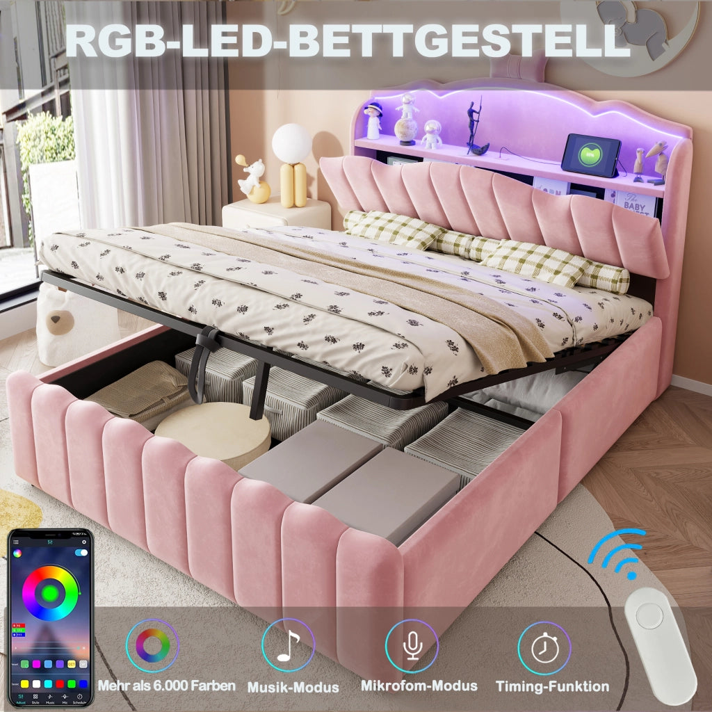 Letto per bambini 140 × 200 cm con contenitore idraulico, LED colorati, USB e USB-C, senza materasso, rosa
