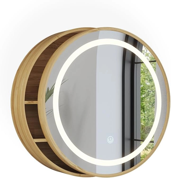 Specchio contenitore bagno Silva, Bambù, 50 x 50 cm con 5 vani portaoggetti, per montaggio a parete con illuminazione LED integrata