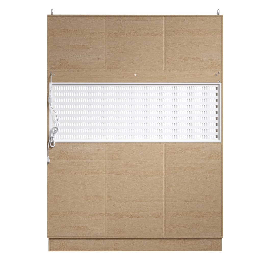 OKWISH Credenza alta da cucina con 1 cassetto, ripiani regolabili, portabicchieri e illuminazione LED, per cucina, MDF e vetro, bianco