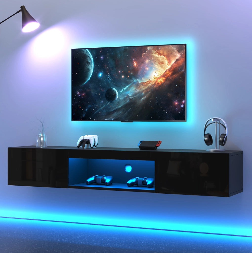 Mobile TV sospeso 160x31x22 cm con illuminazione LED e frontale lucido in legno nero