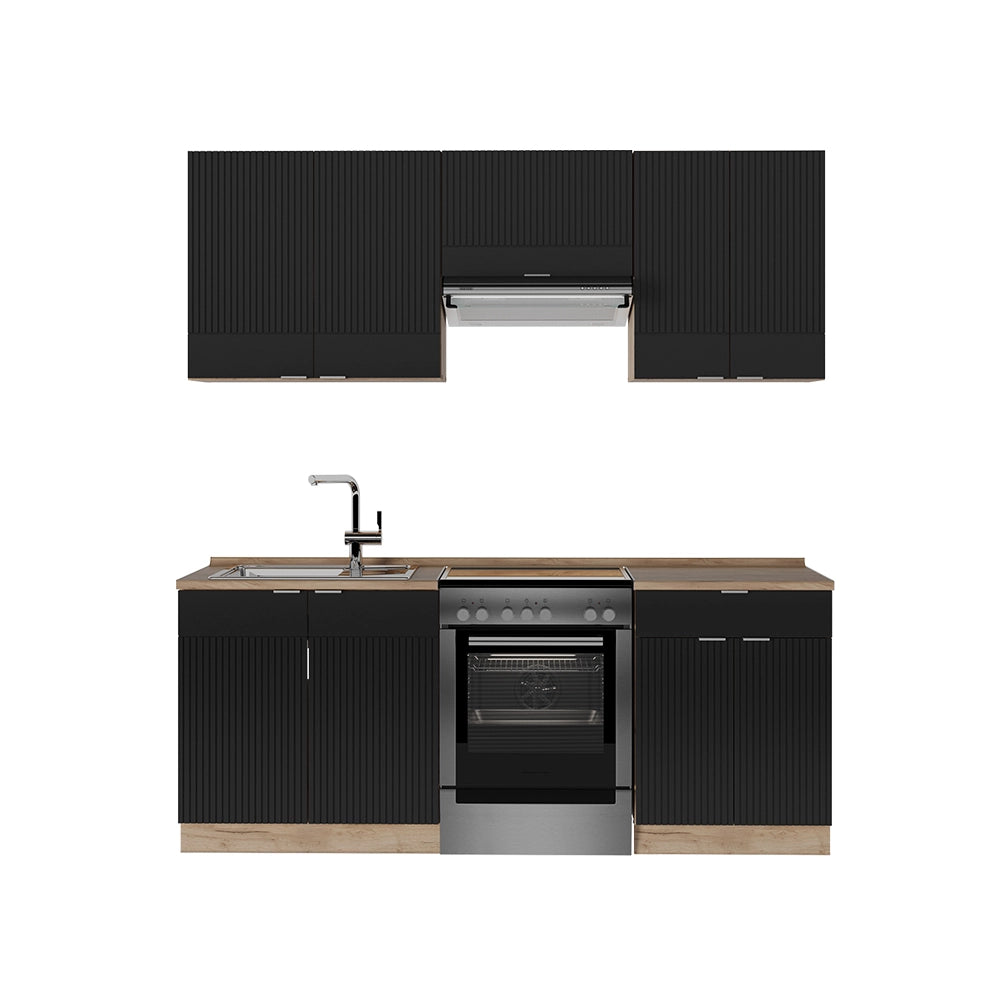 Cucina componibile Fame-Line Nero rigato/Rovere dorato 200 cm, PL Rovere Vicco
