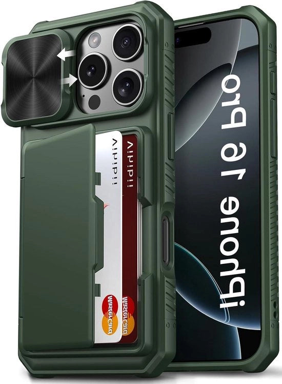 Hoes per iPhone 16 Pro con Supporto per Mappe Blocco RFID - Protezione per la Camera - Protezione Militare Resistente agli Urti - Protezione a Contatto con Silicone Resistente ai Marcature