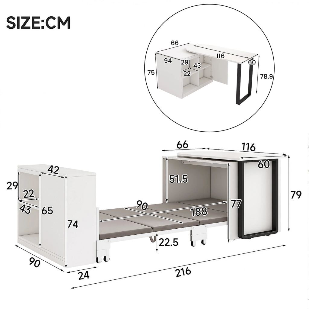 Scrivania con letto pieghevole 216x116x79 cm con ruote e spazio contenitivo in metallo e pannello truciolare bianco