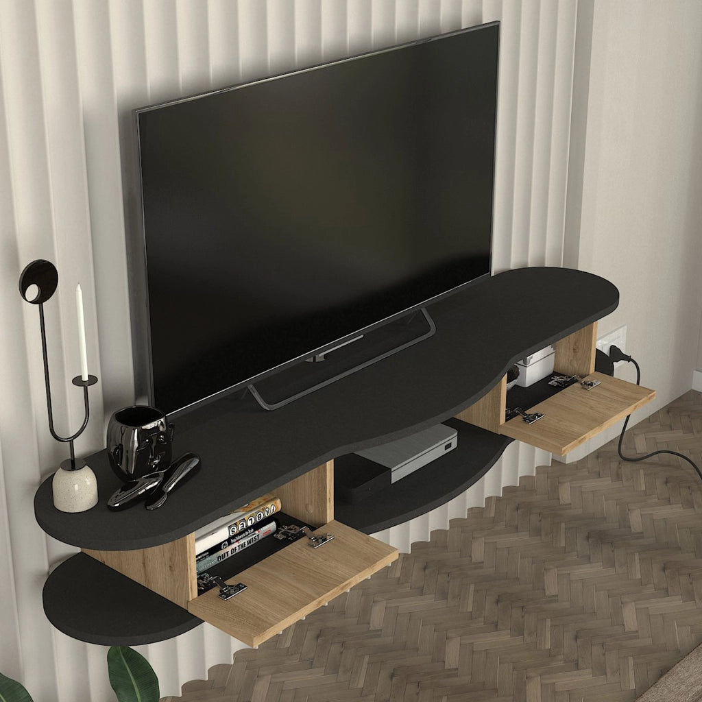 Mobile Porta TV Nyskiri da Parete con Ante a Ribalta 150x35x19 cm - Antracite/Effetto Rovere [en.casa]