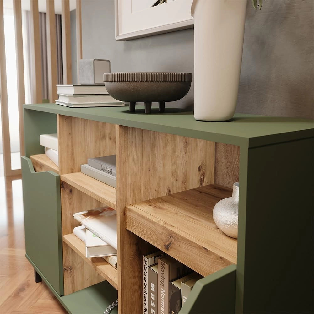 Credenza Marelle, Verde/Artigianale, 120 x 81.3 cm con 2 porte, per la conservazione di abiti, libri o oggetti domestici
