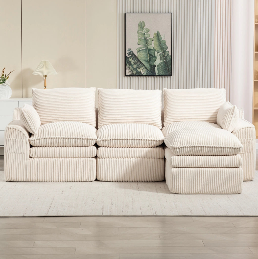 Divano modulare in velluto a coste beige con pouf