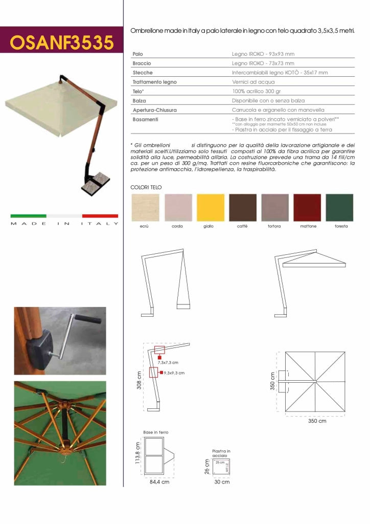 Ombrellone in legno a braccio telo quadrato Made in Italy Ecru - 300x300 - con balza - Ecru