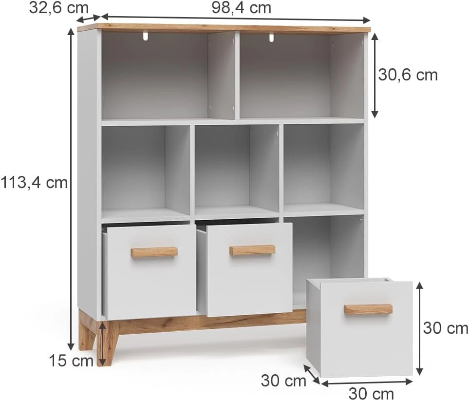 Scaffale per bambini Malia, Bianco/Artisan, 98.4 x 113.4 cm, combinabile per riporre giocattoli e libri