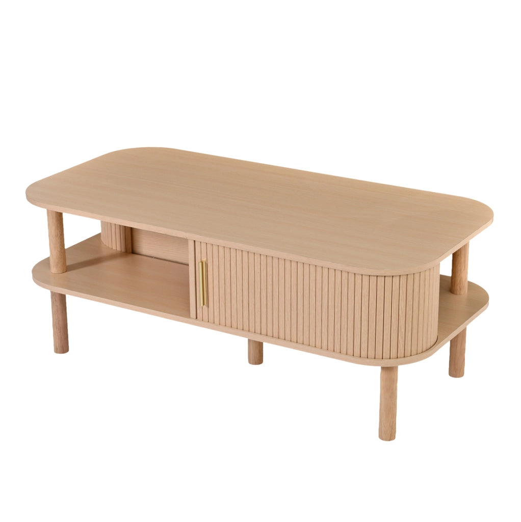 Tavolino da caffè 110x55x45 cm con porta scorrevole e vano portaoggetti in MDF naturale