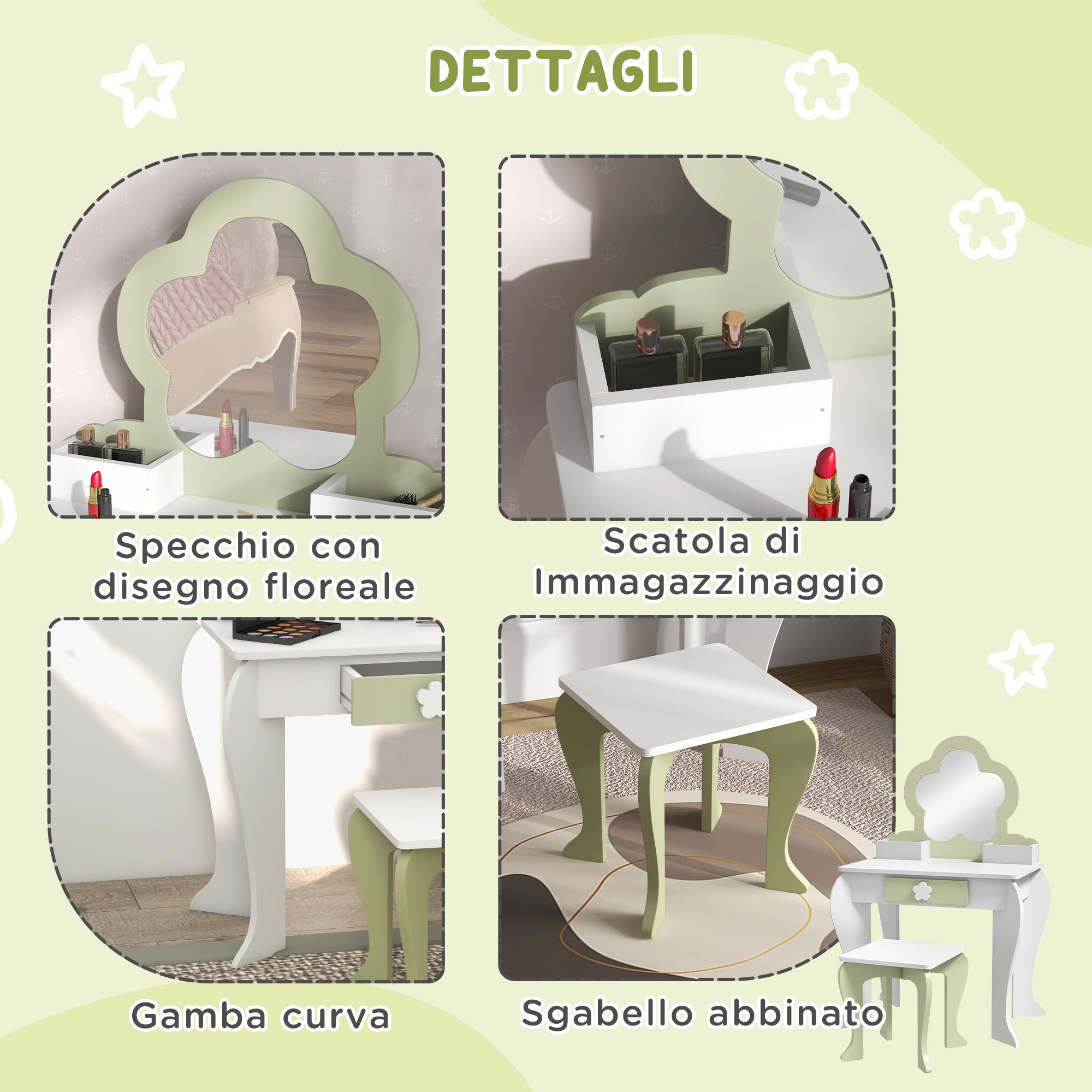 Set Toeletta per Bambina con Specchio Trucco in Acrilico e Sgabello Abbinato in MDF Bianco