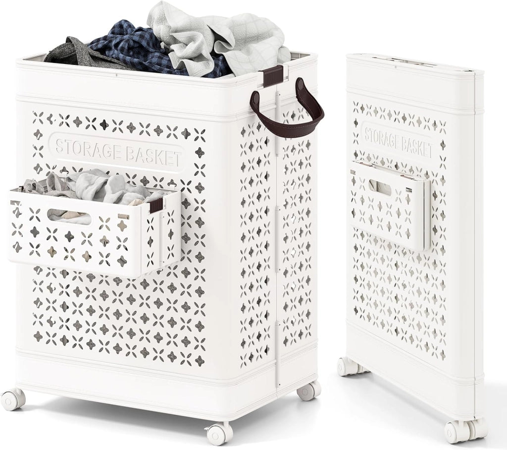 Cesto Portabiancheria Grande 75 L, Cesto in Plastica 43,5 x 34 x 61 cm con 4 Ruote e Cestino per Biancheria Intima e Maniglie, Borsa da Bucato, Bianco