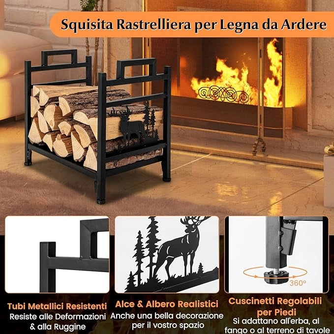 Porta Legna in Metallo, Portalegna con Doppia Impugnatura, Base Solida e Motivi Adorabili di Cervi e Alberi, Legnaia da Interno Esterno, Installazione Senza Attrezzi, Portata 60 kg