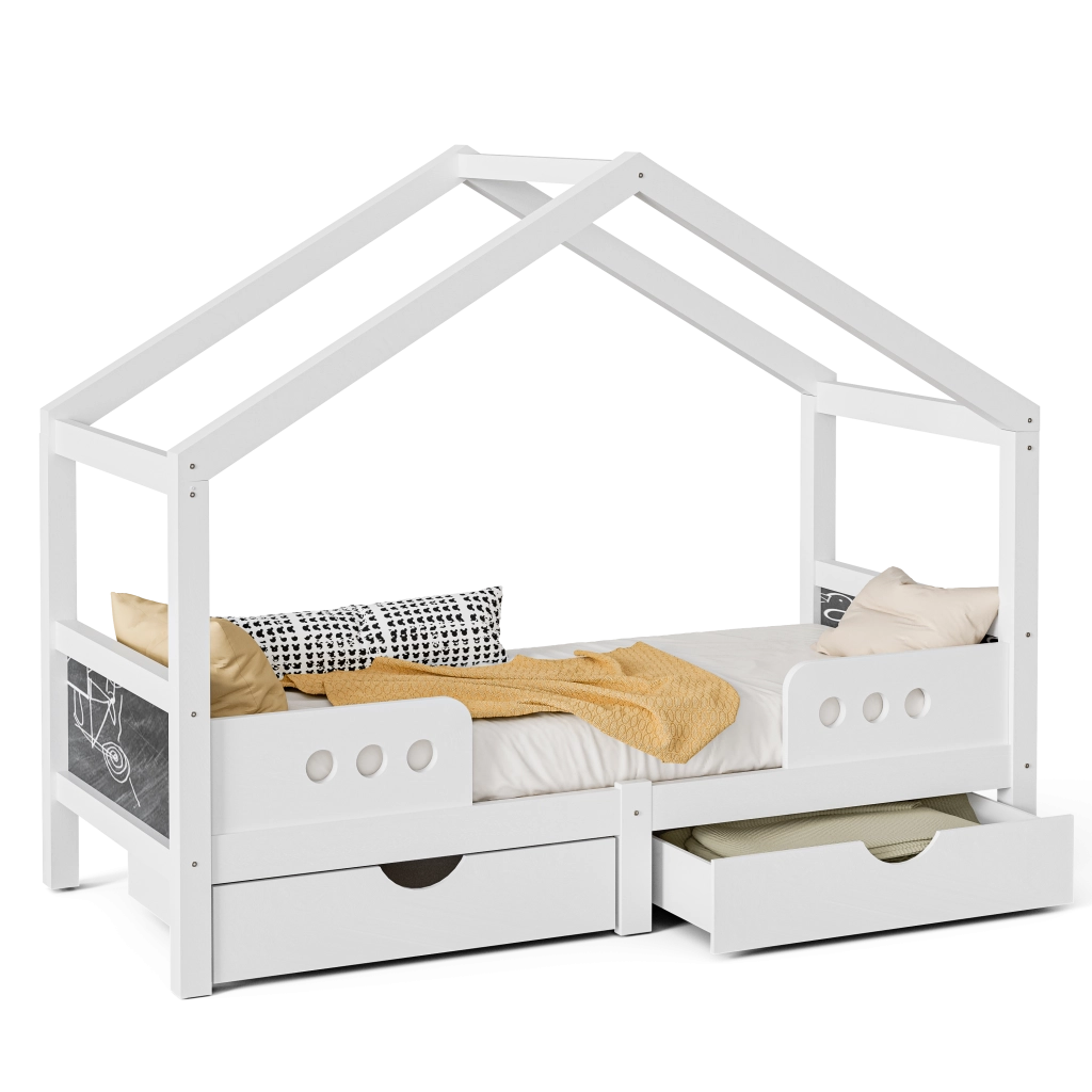 Lettino per bambini con tetto; 2 cassetti e lavagna; 90x200 cm; bianco