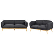 Set da salotto in stile scandinavo con divani a 2 e 3 posti, gambe affusolate in legno e rivestimento in tessuto nero