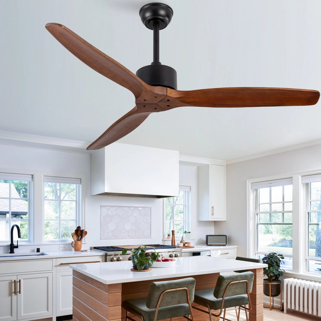 Ventilatore da soffitto 52 pollici senza illuminazione con telecomando, 3 pale legno massello, motore DC reversibile silenzioso, design moderno