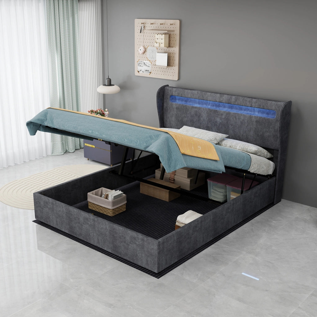 Letto 140x200 cm con testiera regolabile e LED multicolore; tessuto e metallo; grigio