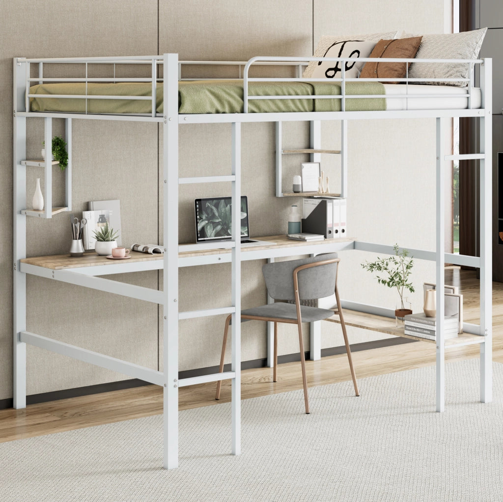 Letto a soppalco 140x200 cm in metallo con scrivania e libreria
