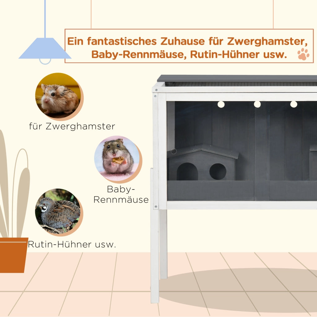 Scaffale per piccoli animali con 2 casette e ripiano in legno e filo zincato grigio scuro 82 × 45 × 81 cm
