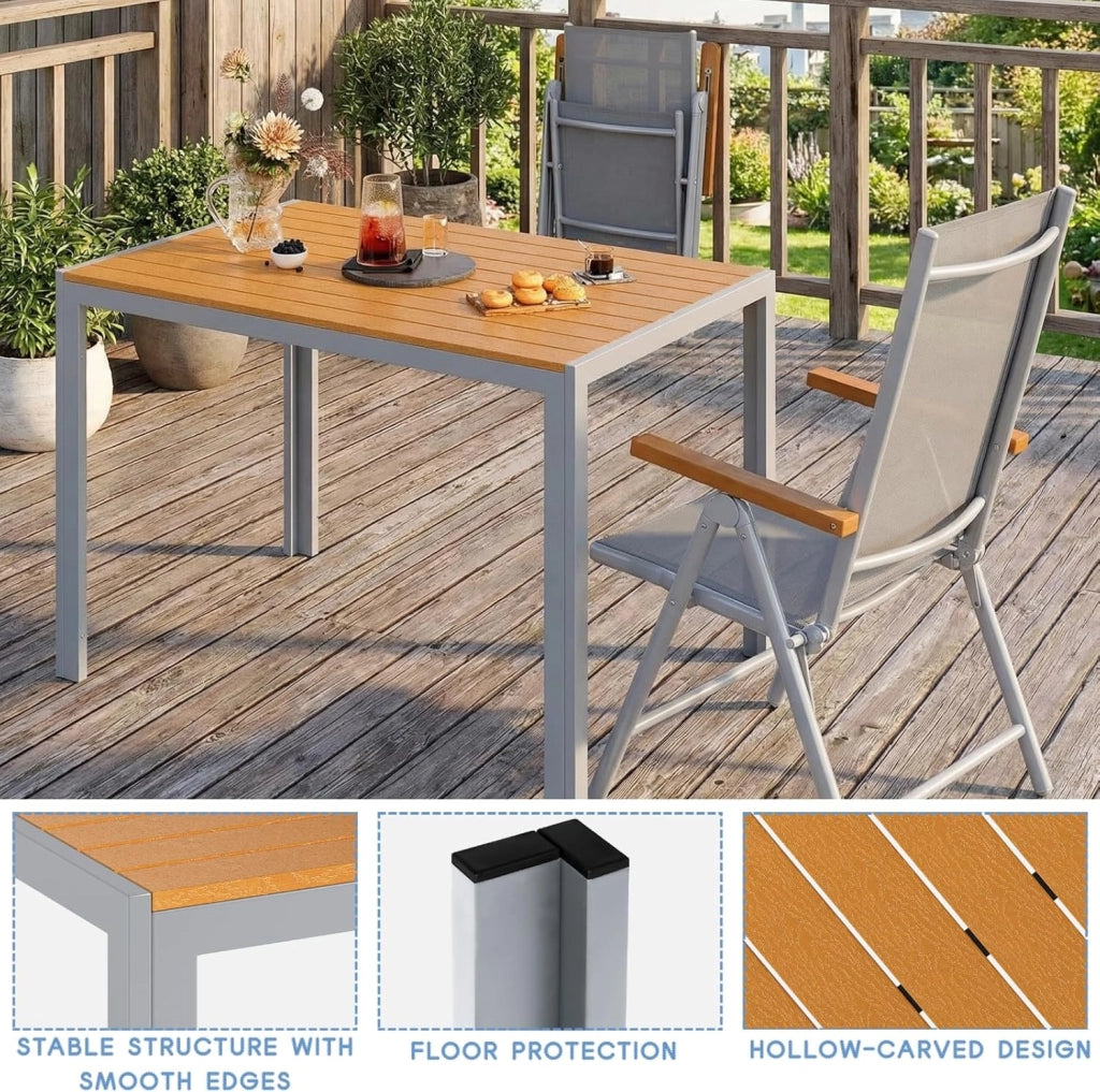 Set di 3 Mobili da Giardino in Alluminio, Tavolo Rettangolare 110x70cm+2 Sedie Pieghevoli Regolabili, Resistente alle Intemperie, Arredamento per Terrazza, Balcone, Marrone Teak+Grigio Chiaro