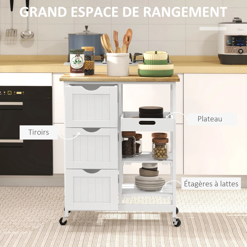 Tavolino da cucina con ruote e cassetti ¨C zephmum ¨C bianco 67x37x85,5 cm