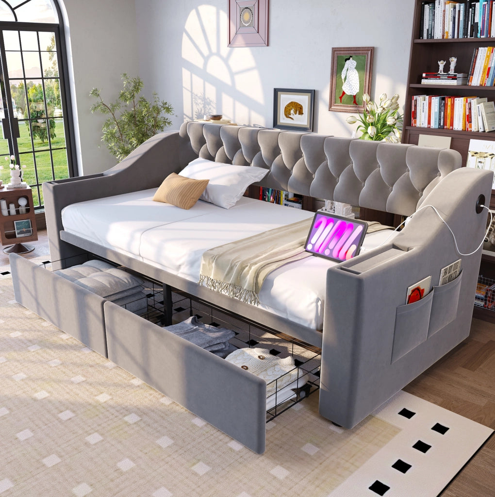 Divano letto imbottito 90x190 cm con cassetti; USB e USB-C in velluto grigio chiaro